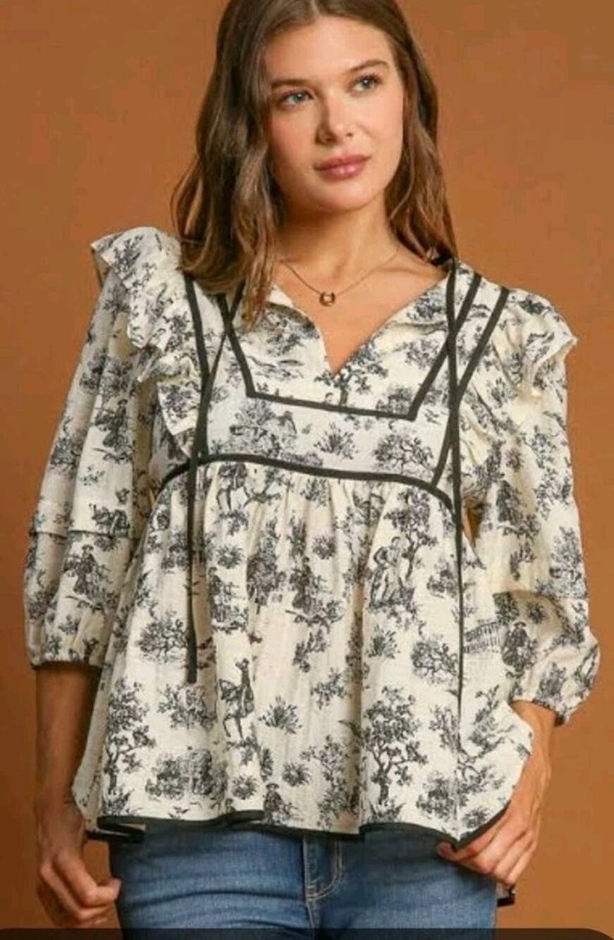 Umgee 2x Ruffle Tie Neck Puff Sleeve Toile Pilgrim Babydoll Blouse Linen Blend